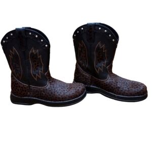 Double H Women's Leopard Cow Hide Cowboy Boots with Silver Studs Size 8